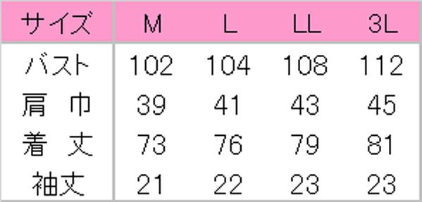 女性白衣半袖　サイズ表