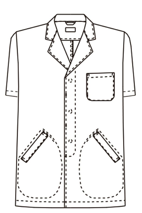 男性衿付き白衣　半袖　線画　フロント