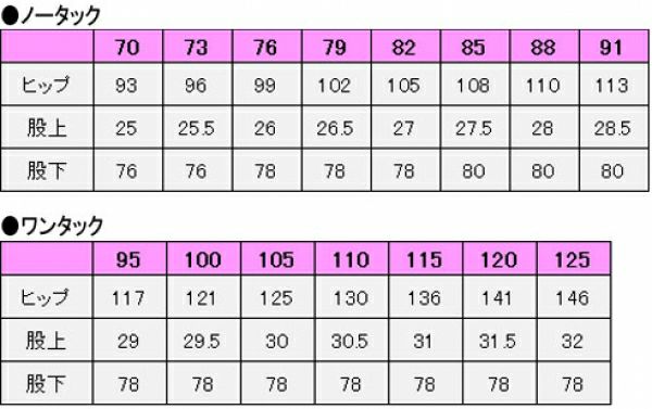 縞ズボン　サイズ表