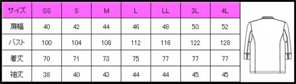 コックコート七分袖　サイズ表