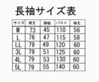 男物　衿なし白衣　長袖　サイズ表