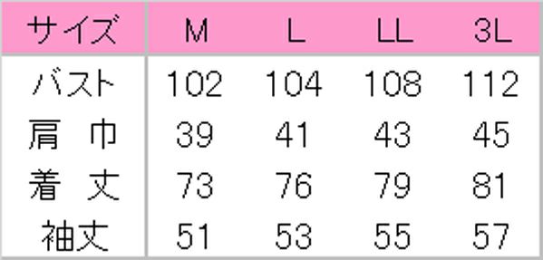 女性白衣　サイズ表