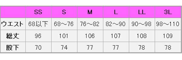 清涼パンツ男女兼用　サイズ表