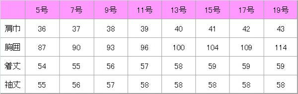 ジャケット　サイズ表