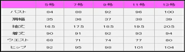 ワンピース半袖　サイズ表