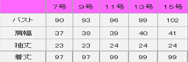 ワンピース半袖　サイズ表