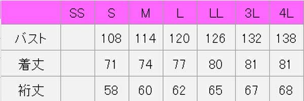 ジンベイ男女兼用　サイズ表