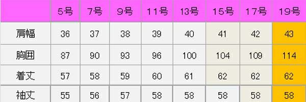 ジャケット長袖　サイズ表