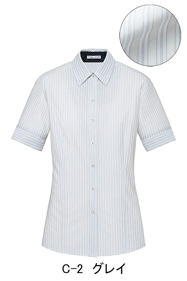 ブラウス　半袖　ストライプ　C-2　グレイ