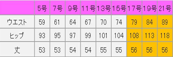 Ａラインスカート　サイズ表