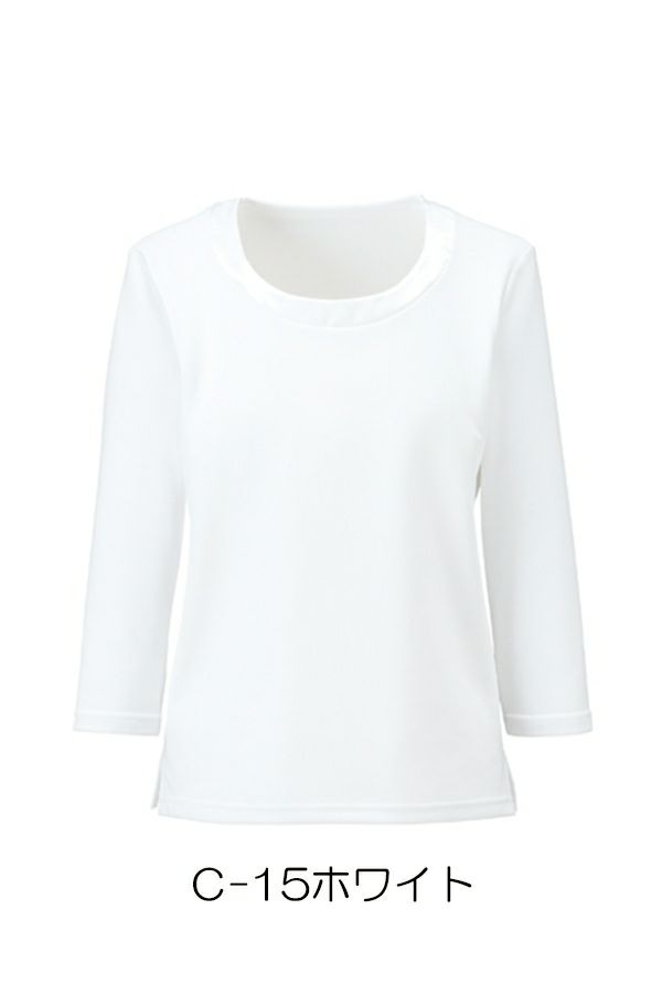 衿ぐり切替え七分袖ニット　ホワイト