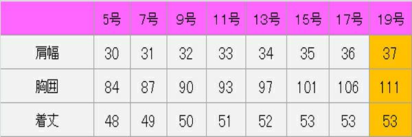 春夏用ベスト　サイズ表