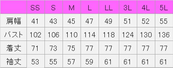 コックコート長袖　サイズ表