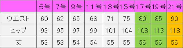 Ａラインスカート　サイズ表