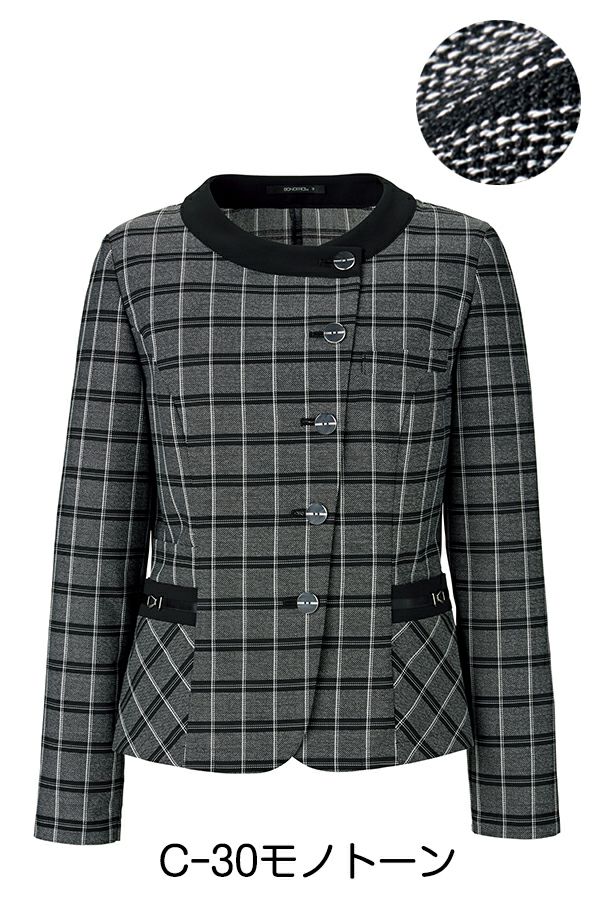 C-30モノトーン　ジャケット（チェック）　モノトーンでシックなチェック柄　さりげないラメ　アシンメトリーデザイン　細見え効果　左胸箱ポケット　両脇挟み込みポケット　右脇スマホポケット 一重仕立て　家庭洗濯ＯＫ　ＥＣＯ　袖ぐり消臭テープ付き