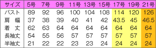 ブラウス長袖　サイズ表