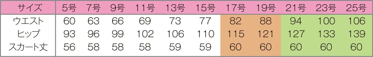 Aラインスカート　サイズ表