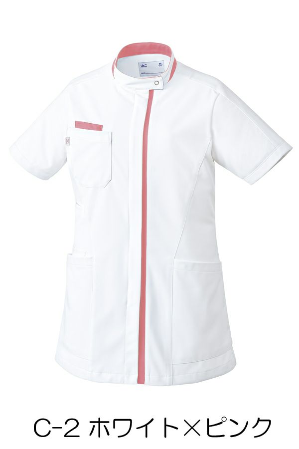 女性ケーシージャケット半袖　ホワイト×ピンク