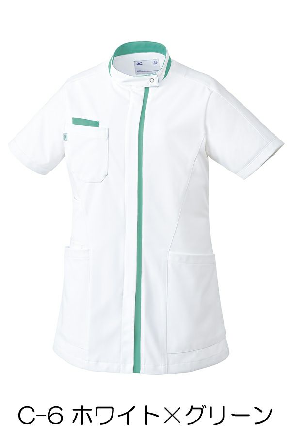 女性ケーシージャケット半袖　ホワイト×グリーン