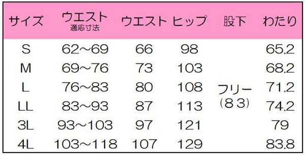 メンズストレッチパンツ　サイズ表