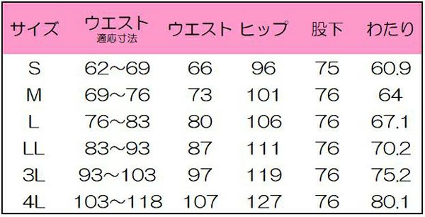 メンズパンツ　サイズ表