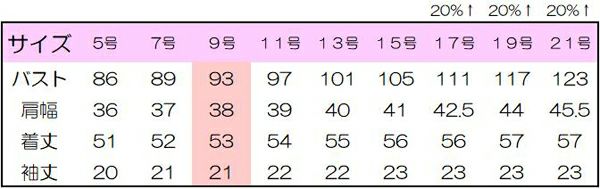 春夏用ソフトジャケット　サイズ表