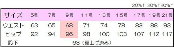 春夏用テーパードパンツ　サイズ表