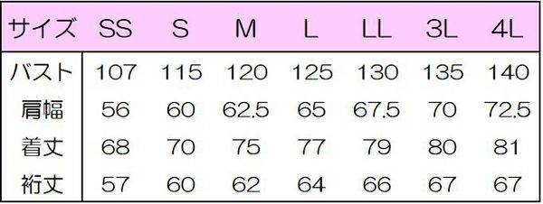 作務衣上衣（男女兼用・無地）サイズ表