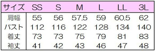 シャツ九分袖兼用　サイズ表