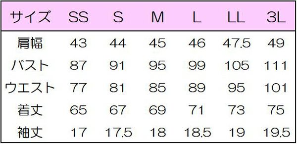 チュニック半袖　サイズ表